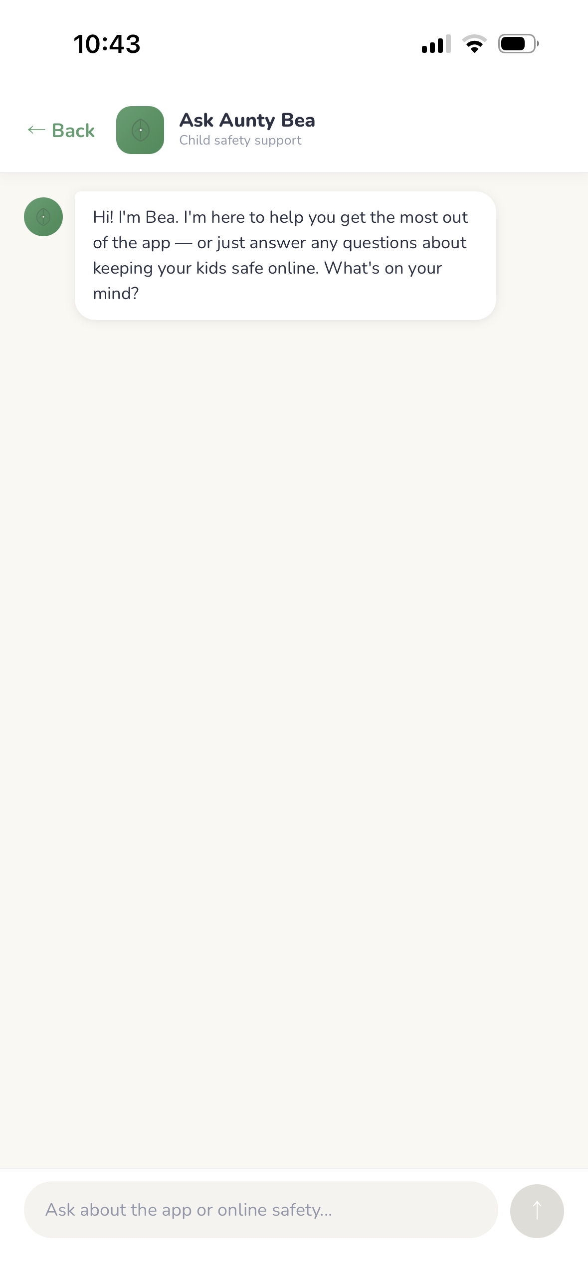 Ask Aunty Bea chat screen
